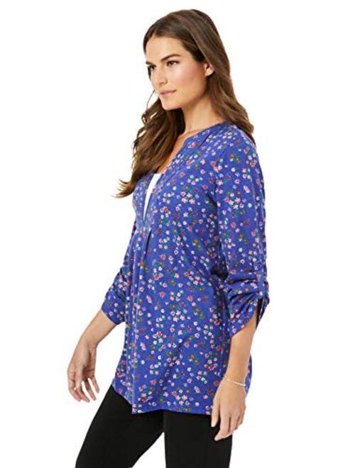 Woman Within Women's Plus Size Box-Stitched Split Neck Tunic