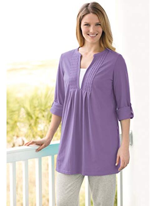 Woman Within Women's Plus Size Box-Stitched Split Neck Tunic