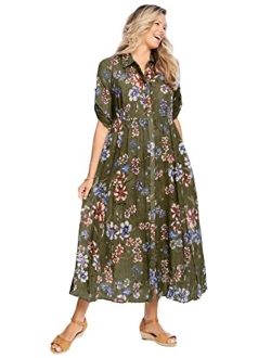 Women's Plus Size Roll-Tab Sleeve Crinkle Shirtdress