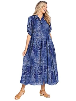 Women's Plus Size Roll-Tab Sleeve Crinkle Shirtdress