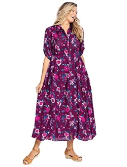 Women's Plus Size Roll-Tab Sleeve Crinkle Shirtdress