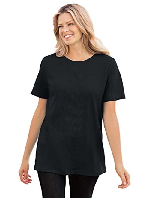 Woman Within Women's Plus Size Thermal Waffle Short-Sleeve Satin-Trim Tee Shirt