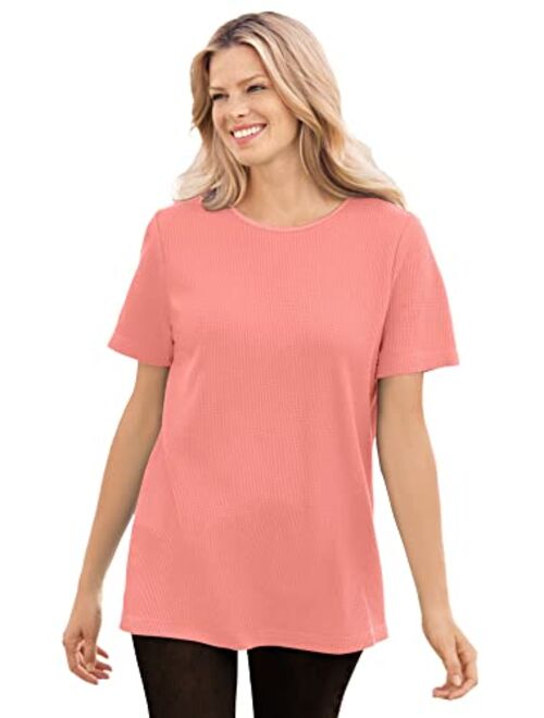 Woman Within Women's Plus Size Thermal Waffle Short-Sleeve Satin-Trim Tee Shirt