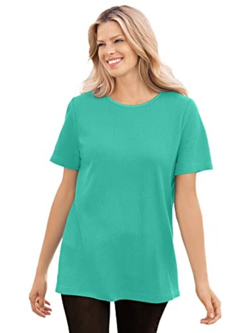 Woman Within Women's Plus Size Thermal Waffle Short-Sleeve Satin-Trim Tee Shirt