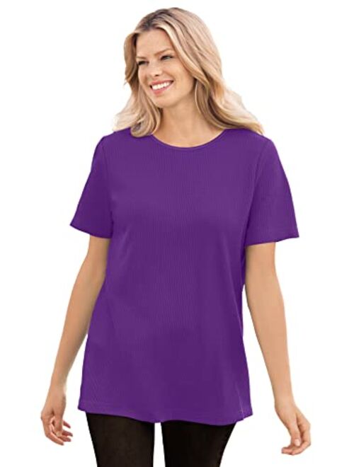 Woman Within Women's Plus Size Thermal Waffle Short-Sleeve Satin-Trim Tee Shirt