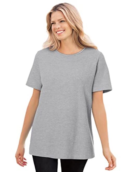 Woman Within Women's Plus Size Thermal Waffle Short-Sleeve Satin-Trim Tee Shirt