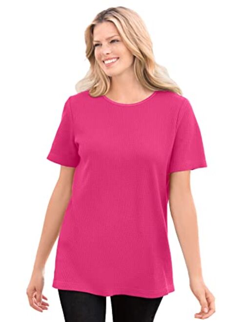 Woman Within Women's Plus Size Thermal Waffle Short-Sleeve Satin-Trim Tee Shirt