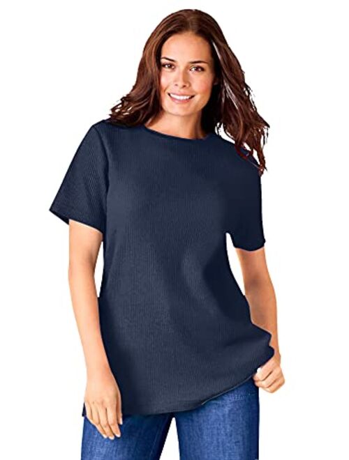 Woman Within Women's Plus Size Thermal Waffle Short-Sleeve Satin-Trim Tee Shirt