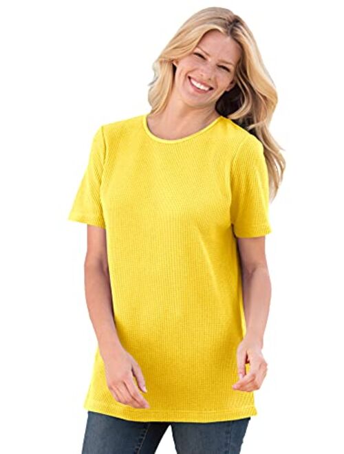 Woman Within Women's Plus Size Thermal Waffle Short-Sleeve Satin-Trim Tee Shirt