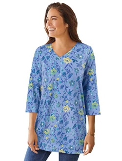 Women's Plus Size Perfect Printed Three-Quarter-Sleeve V-Neck Tunic