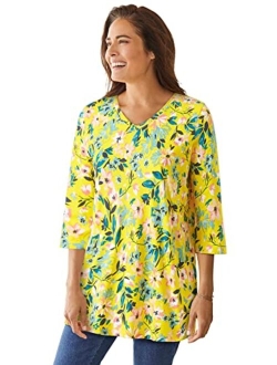 Women's Plus Size Perfect Printed Three-Quarter-Sleeve V-Neck Tunic