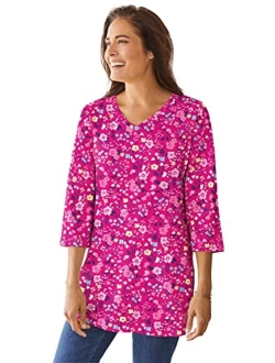 Women's Plus Size Perfect Printed Three-Quarter-Sleeve V-Neck Tunic