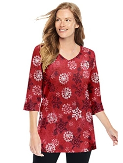 Women's Plus Size Perfect Printed Three-Quarter-Sleeve V-Neck Tunic