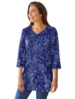 Women's Plus Size Perfect Printed Three-Quarter-Sleeve V-Neck Tunic