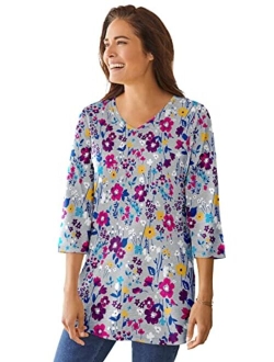 Women's Plus Size Perfect Printed Three-Quarter-Sleeve V-Neck Tunic