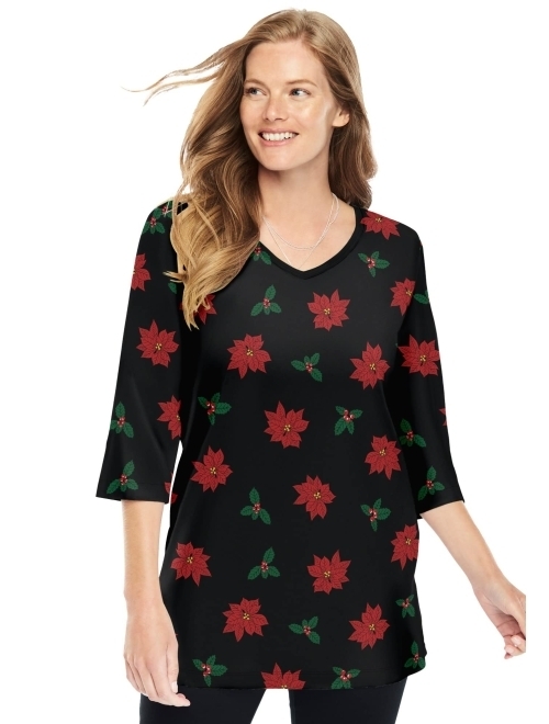 Woman Within Women's Plus Size Perfect Printed Three-Quarter-Sleeve V-Neck Tunic