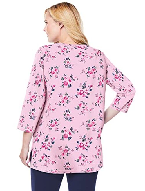 Woman Within Women's Plus Size Perfect Printed Three-Quarter-Sleeve V-Neck Tunic