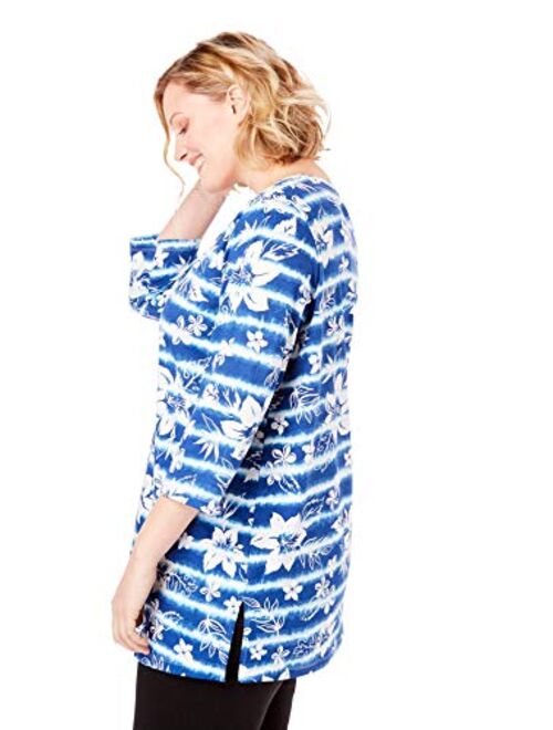 Woman Within Women's Plus Size Perfect Printed Three-Quarter-Sleeve V-Neck Tunic