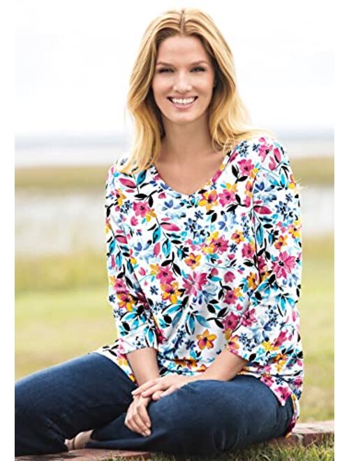 Woman Within Women's Plus Size Perfect Printed Three-Quarter-Sleeve V-Neck Tunic