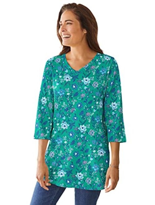 Woman Within Women's Plus Size Perfect Printed Three-Quarter-Sleeve V-Neck Tunic