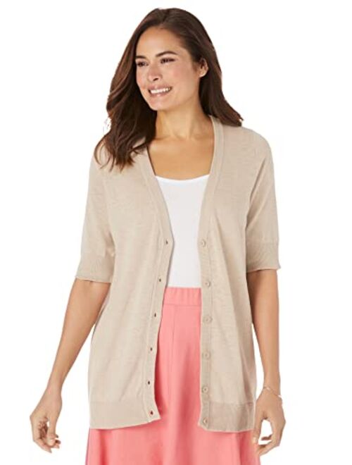 Woman Within Women's Plus Size Short Sleeve V-Neck Cardigan