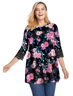 Women's Plus Size Crochet-Trim Three-Quarter Sleeve Tunic