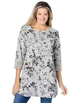 Women's Plus Size Crochet-Trim Three-Quarter Sleeve Tunic