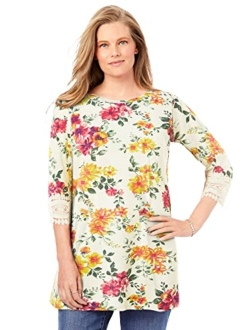 Women's Plus Size Crochet-Trim Three-Quarter Sleeve Tunic