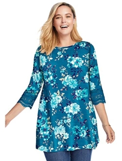 Women's Plus Size Crochet-Trim Three-Quarter Sleeve Tunic