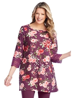 Women's Plus Size Crochet-Trim Three-Quarter Sleeve Tunic