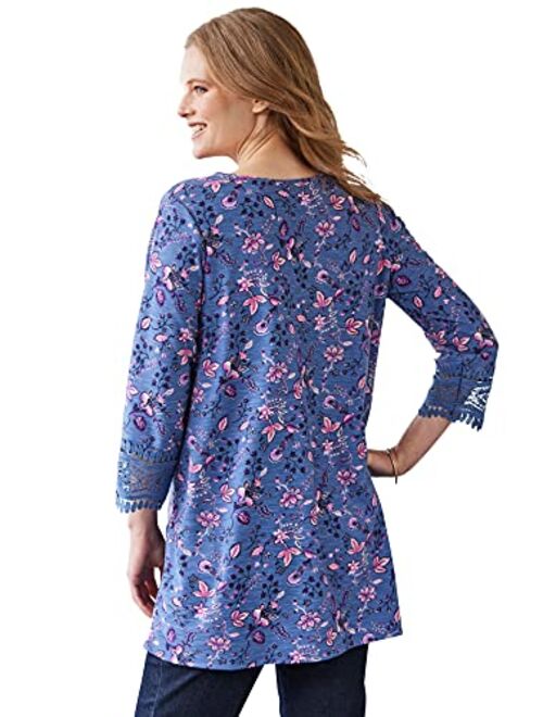 Woman Within Women's Plus Size Crochet-Trim Three-Quarter Sleeve Tunic