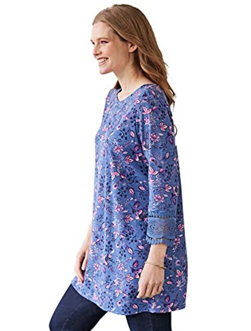 Woman Within Women's Plus Size Crochet-Trim Three-Quarter Sleeve Tunic