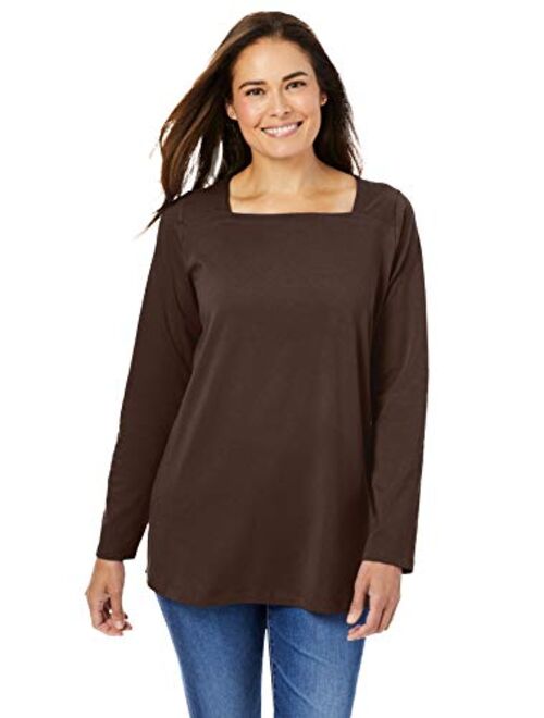 Woman Within Women's Plus Size Perfect Long-Sleeve Square-Neck Tee Shirt