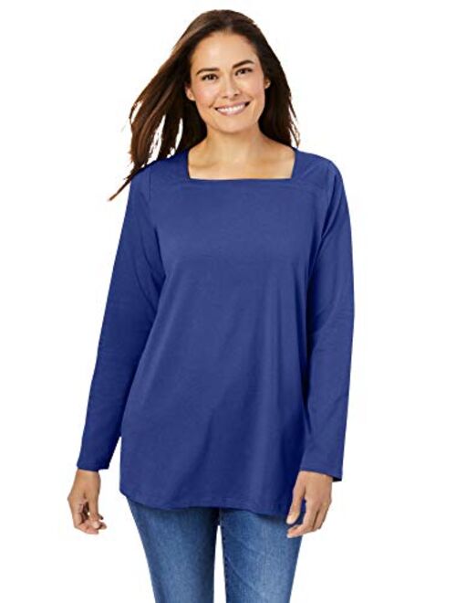 Woman Within Women's Plus Size Perfect Long-Sleeve Square-Neck Tee Shirt