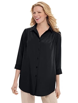 Women's Plus Size Cuffed Sleeve Peachskin Button Down Shirt