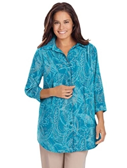 Women's Plus Size Cuffed Sleeve Peachskin Button Down Shirt