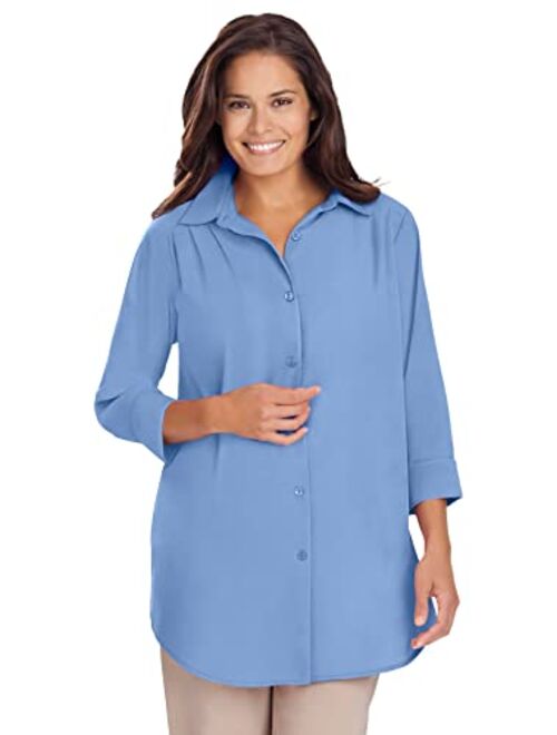 Woman Within Women's Plus Size Cuffed Sleeve Peachskin Button Down Shirt
