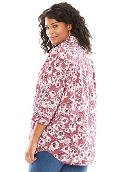 Woman Within Women's Plus Size Cuffed Sleeve Peachskin Button Down Shirt