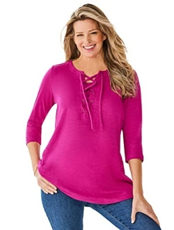 Women's Plus Size Lace-Up Three-Quarter Sleeve Tee