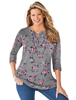 Women's Plus Size Lace-Up Three-Quarter Sleeve Tee