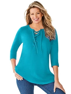 Women's Plus Size Lace-Up Three-Quarter Sleeve Tee