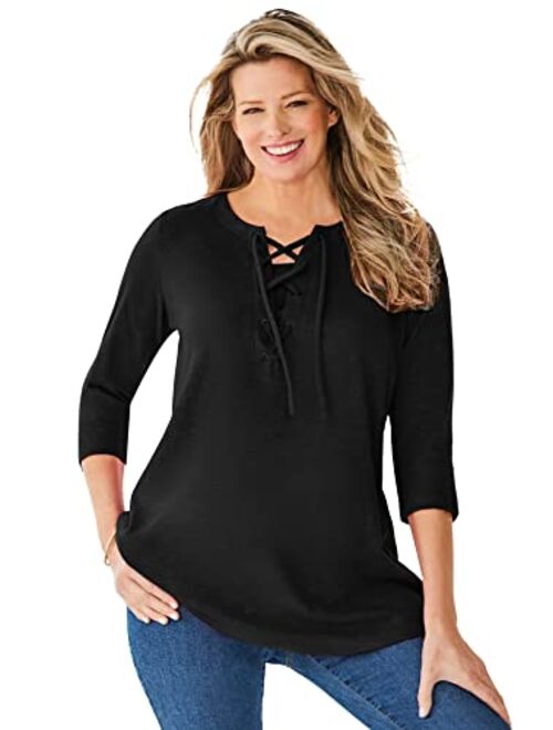 Woman Within Women's Plus Size Lace-Up Three-Quarter Sleeve Tee