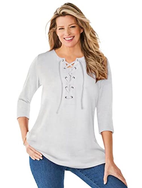 Woman Within Women's Plus Size Lace-Up Three-Quarter Sleeve Tee