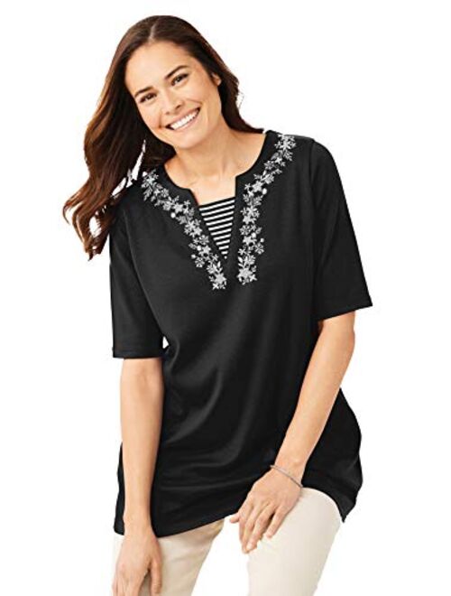 Woman Within Women's Plus Size Embroidered Layered-Look Tunic