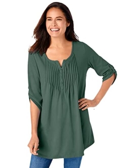 Women's Plus Size Three-Quarter Sleeve Pintucked Henley Tunic