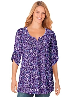 Women's Plus Size Three-Quarter Sleeve Pintucked Henley Tunic