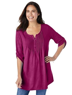 Women's Plus Size Three-Quarter Sleeve Pintucked Henley Tunic