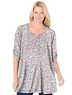 Women's Plus Size Three-Quarter Sleeve Pintucked Henley Tunic