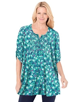 Women's Plus Size Three-Quarter Sleeve Pintucked Henley Tunic