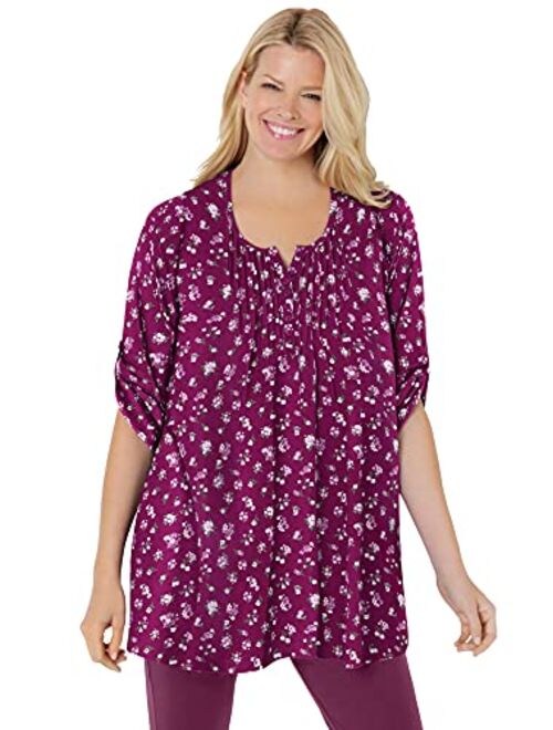 Woman Within Women's Plus Size Three-Quarter Sleeve Pintucked Henley Tunic